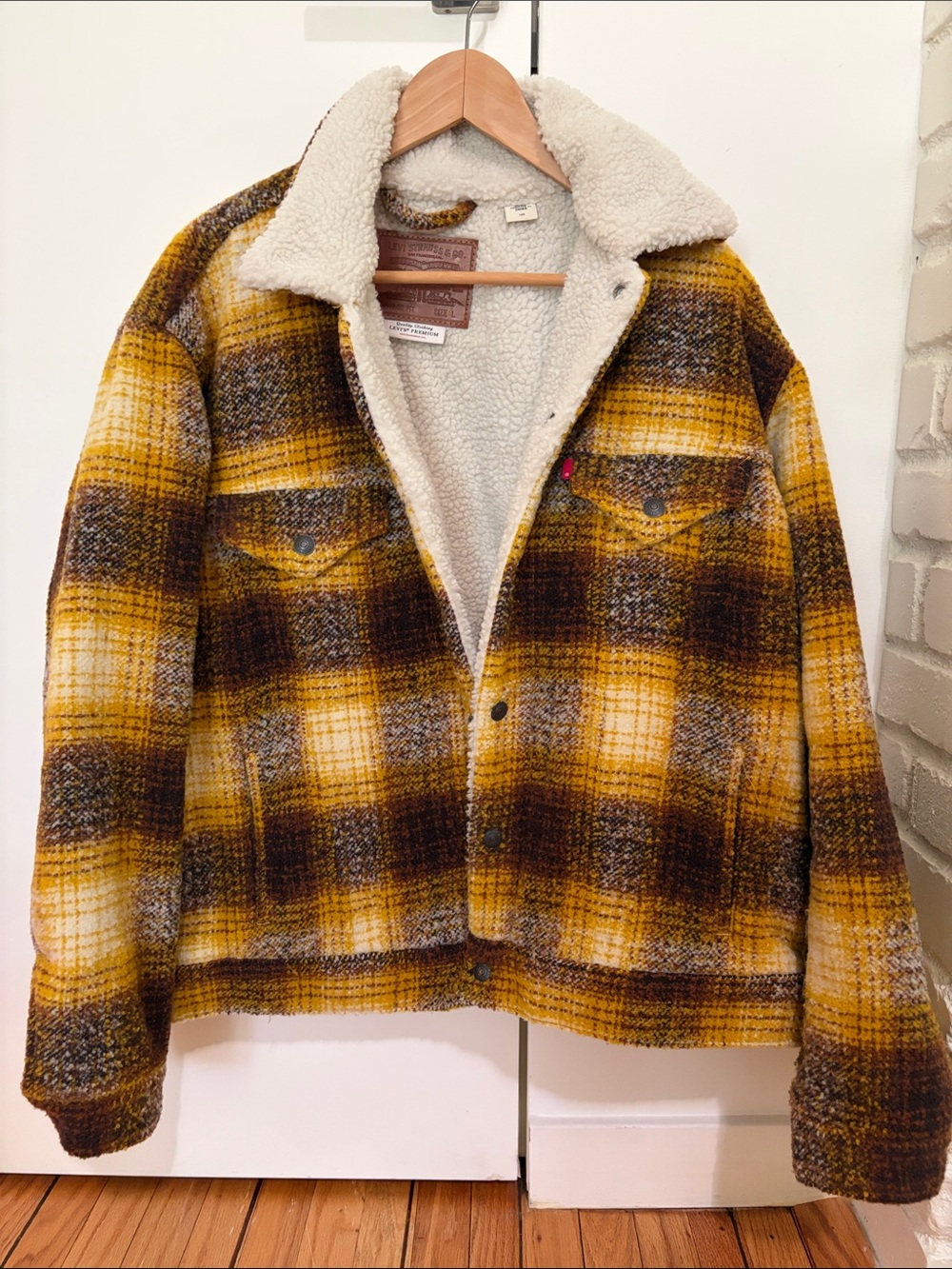 Levi's Cream Sherpa-Lined Jacket with Brown Leather Patch